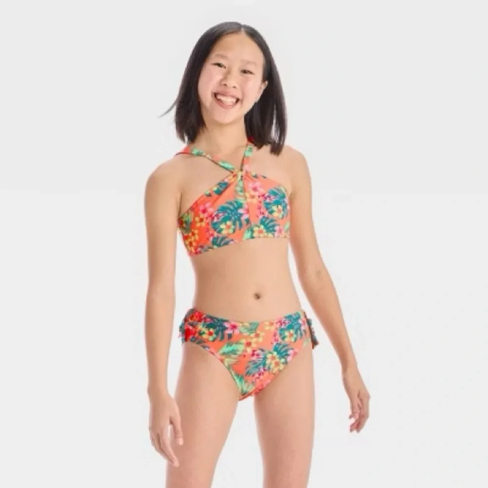 Cat & Jack Girls size 6/7 orange floral 2 piece swim suit